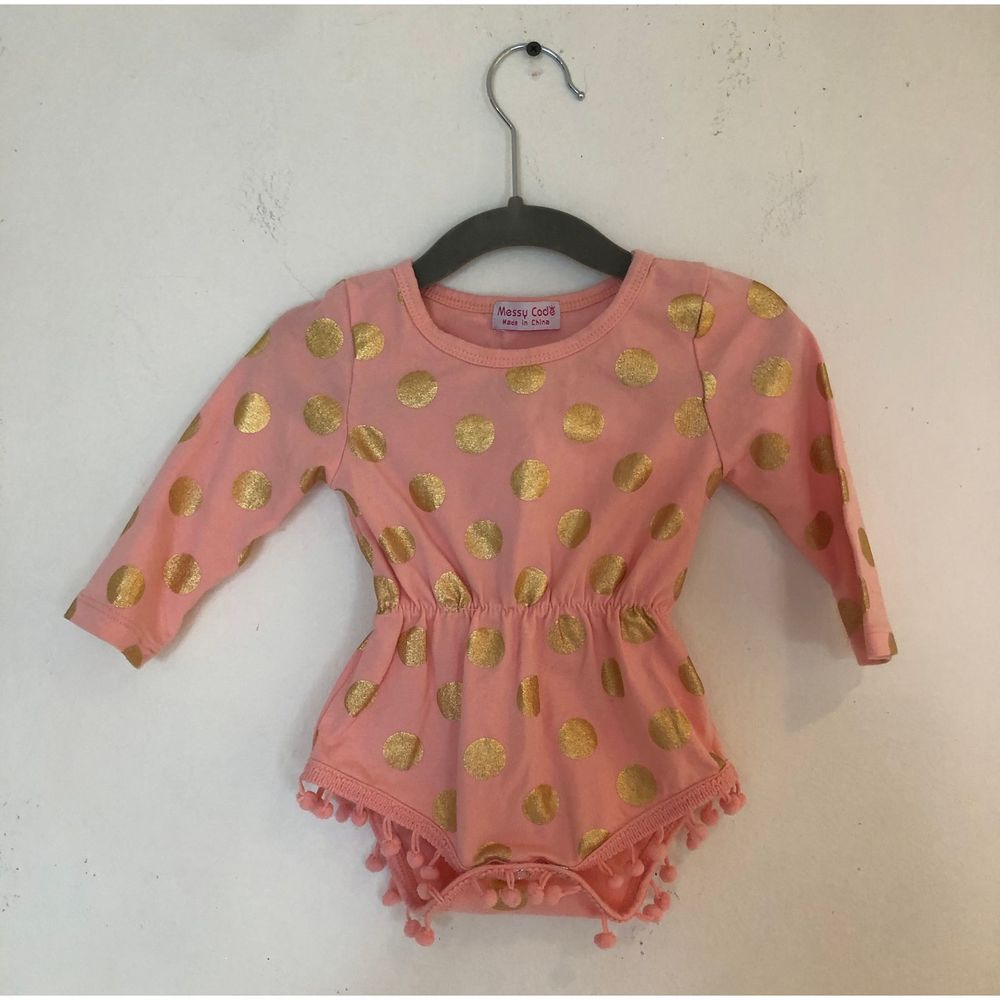 Messy Cod-Baby Pink & Gold Polka Dot Romper-6/9M